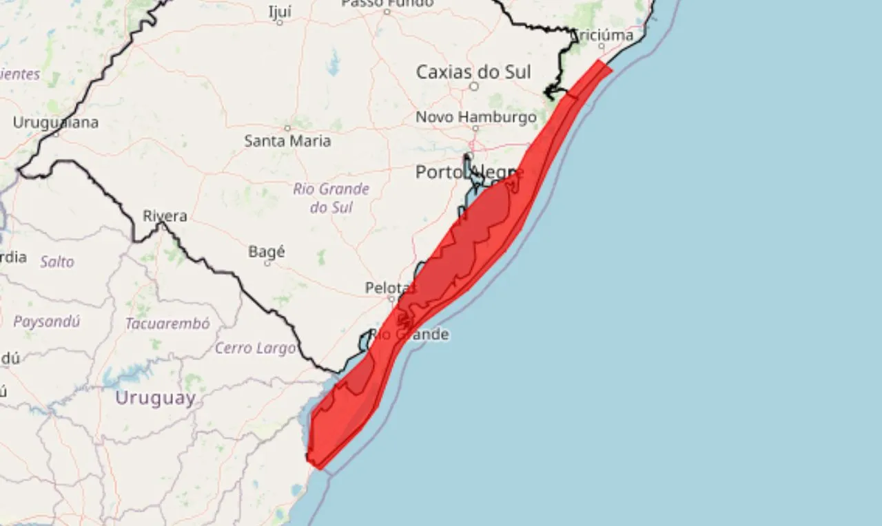 o mapa mostra as &aacute;reas em alerta para ventos intensos nessas &aacute;reas